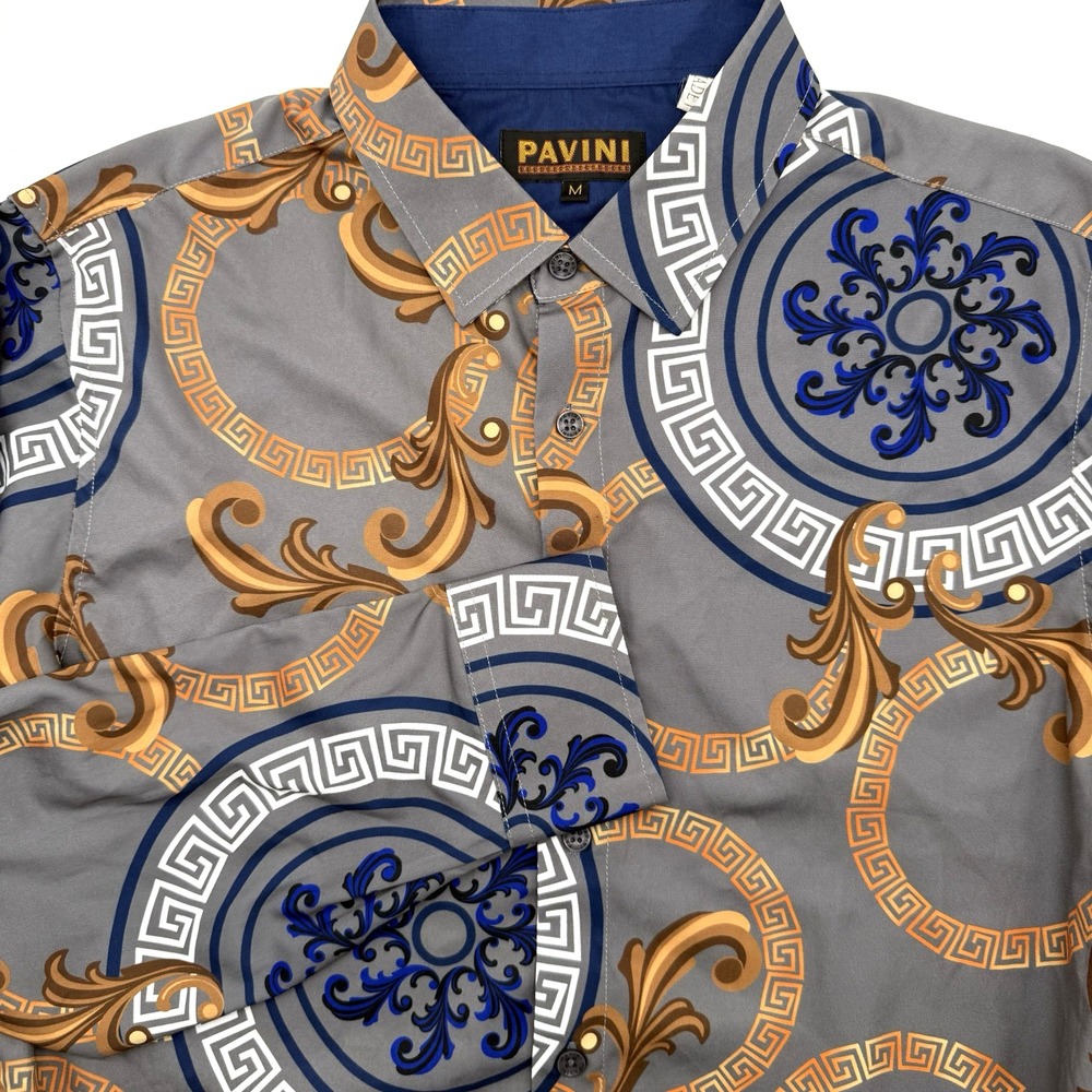 Pavini Button Down Shirt Mens Medium Grey Gold Blue Baroque Greek Key Medallion